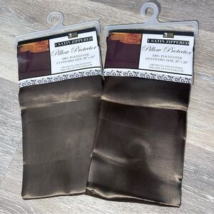 Set of 2 Brown Satin Zippered Pillow Protectors Standard 20x26, 100% Polyester